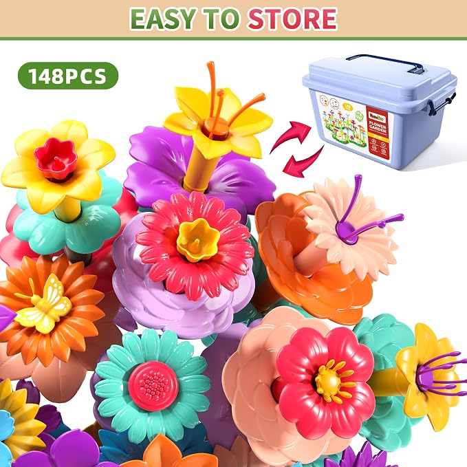 Garbo Star 148PCS Flower Garden Building Toys for 3 4 5 6 Year Old Girls, Educational Activity Preschool Birthday Gifts for 3 4 5 Year Old Girls, Building Stem Toys for Kids Toddlers Ages 3-5