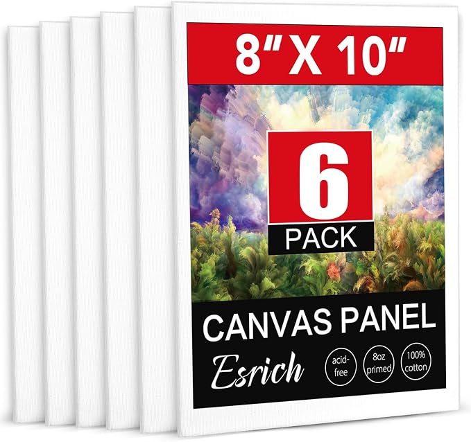 ESRICH 6 Pack 8x10 Primed Canvas Boards for Painting, Ideal for Starter | Cotton Acid-free Surface, Gesso Primed for Acrylic, Oil, Watercolor. Art Painting Supplies for Class, Paint Parties and Home