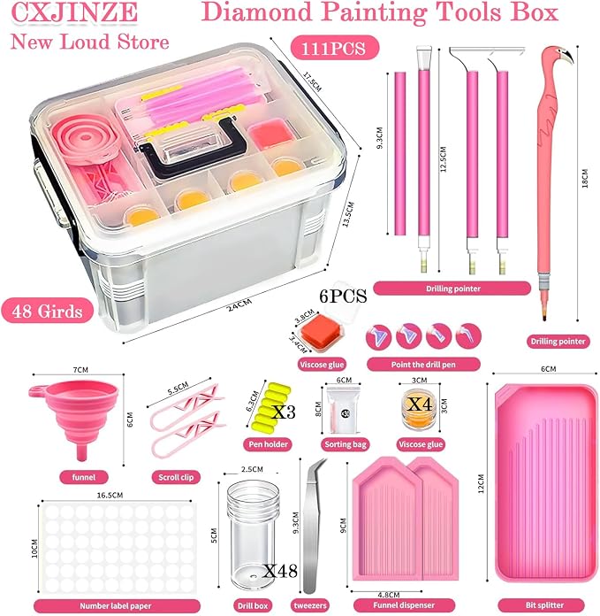 CXJINZE 111 Pcs Diamond Painting Tools Accessories Storage Kit, Pink