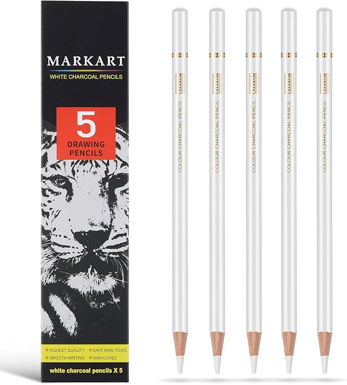 MARKART Professional White Charcoal Pencils Set, 5 Pieces | Sketch Highlight Charcoal Pencils for Drawing, Sketching, Shading, Blending, White Chalk Pencils for Beginners & Artists