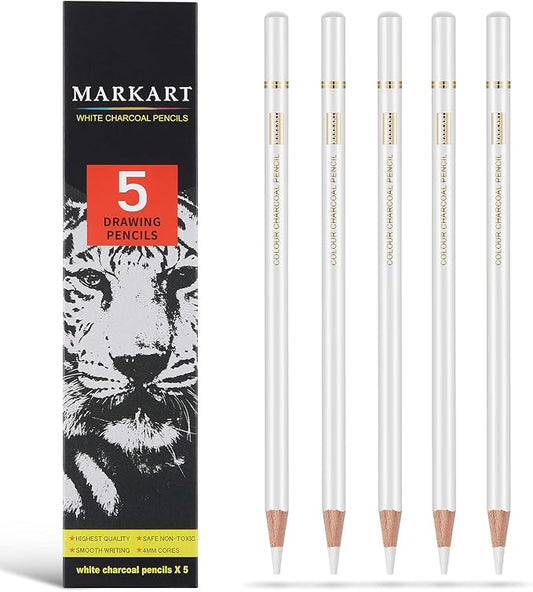 MARKART Professional White Charcoal Pencils Set, 5 Pieces | Sketch Highlight Charcoal Pencils for Drawing, Sketching, Shading, Blending, White Chalk Pencils for Beginners & Artists