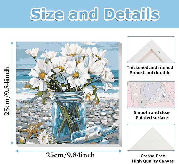 Flowers Paint by Numbers Kit for Adults Beginner, Paint by Numbers 10x10 in | Daisy Framed Paint by Numbers with Easel, Acrylic Painting by Numbers, DIY Arts and Crafts for Gifts or Home Decor