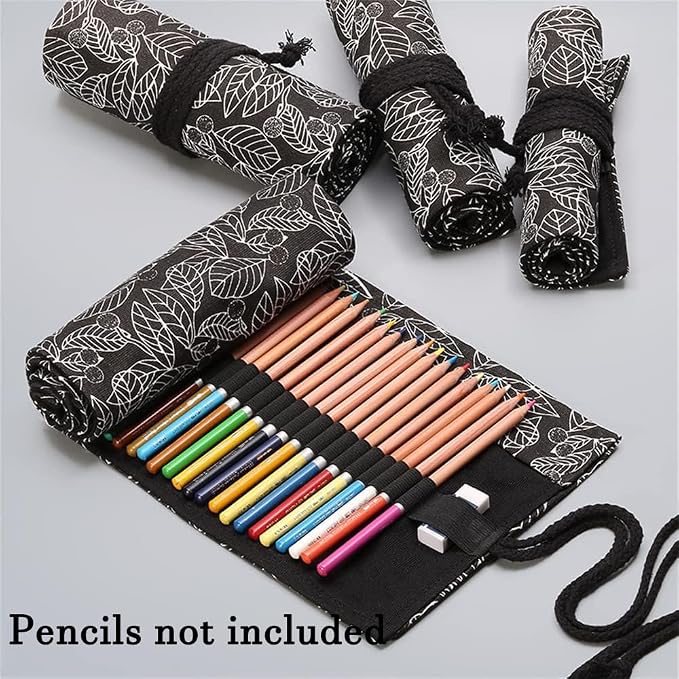 DIYOMR 24/36/72 Slots Pencil Wrap Pencil Rolls, Artist Colored Pencils Roll Up Bag Short Brushes Pouch Case Pencils Organizer for Drawing Coloring and Sketching,No Pencils (Black Leaves, 24slots)
