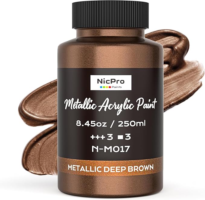 Nicpro Metallic Deep Brown Acrylic Paint, 8.45oz/250ml Craft Paint | Large Non Toxic, Non Fading Art Paint for Wood, Metal, Clay, Fabric, Canvas, Ceramic, Furniture, Handcrafts