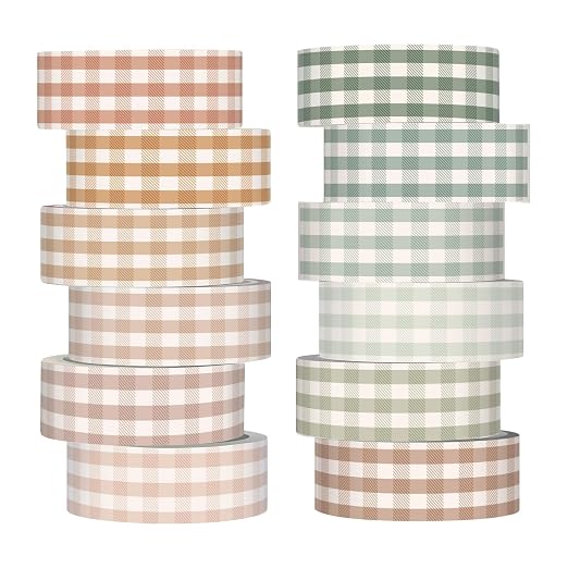 12 Rolls Floral Washi Tape Set,Boho,Gingham Plaid | Watercolor Flowers Design for Scrapbook Journal DIY Craft School Supplies, 15 mm Vintage Decorative Masking Washi Tapes