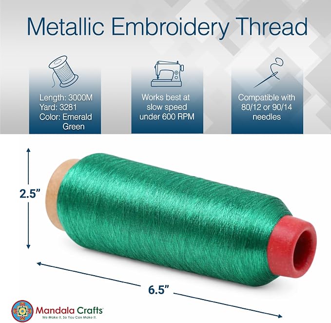 Mandala Crafts Metallic Emerald Green Embroidery Floss for Sewing, 3281 Yard Spool