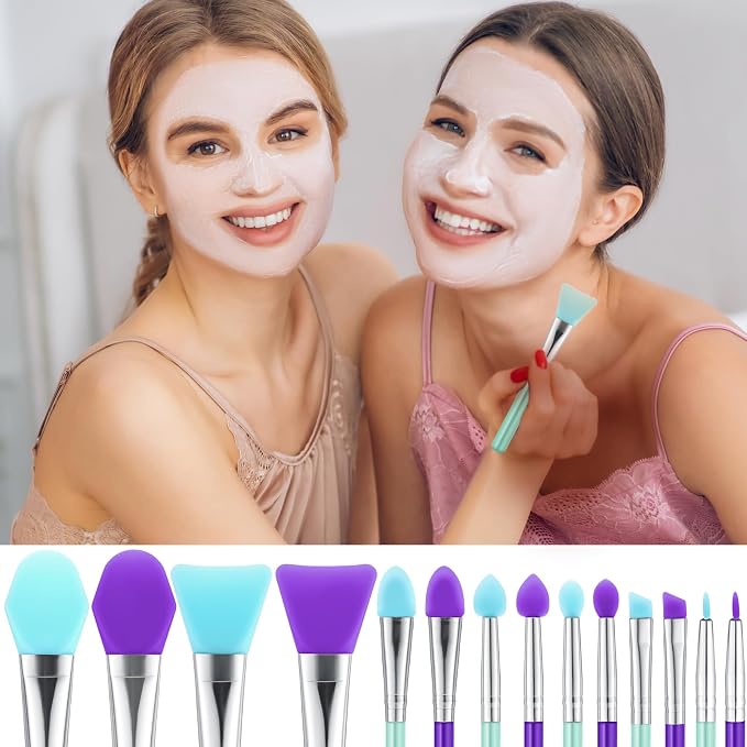 14PCS Silicone Brush Applicator Kit, Resin Brush Applicator UV Resin Brushes Applicators Jelly Brushes Applicators for Cream Makeup Products and Epoxy Art Crafting, Green/Purple