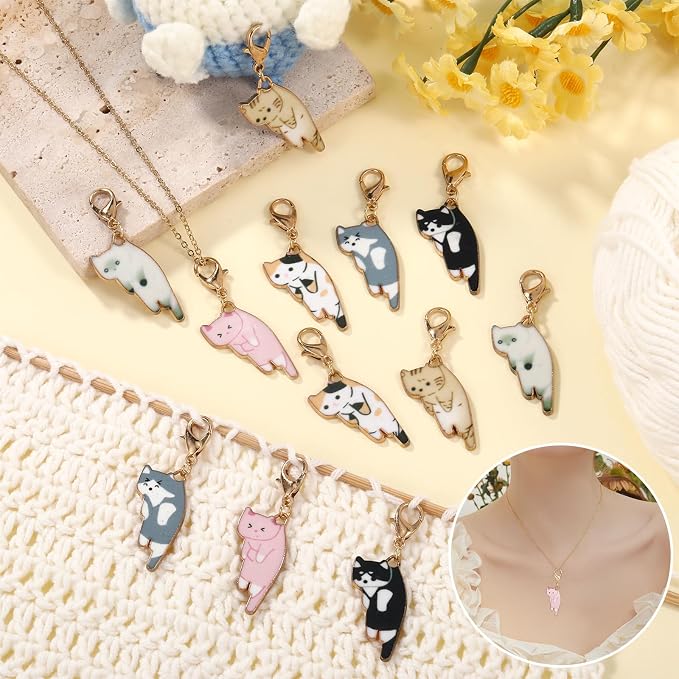 COGCHARGER DIY Knitting Tool Sets 18Pcs Including Cat Alloy Enamel Crochet Stitch Markers Knitting Row Counter Chains Silicone Knitting Needle Stoppers for Knitting Project