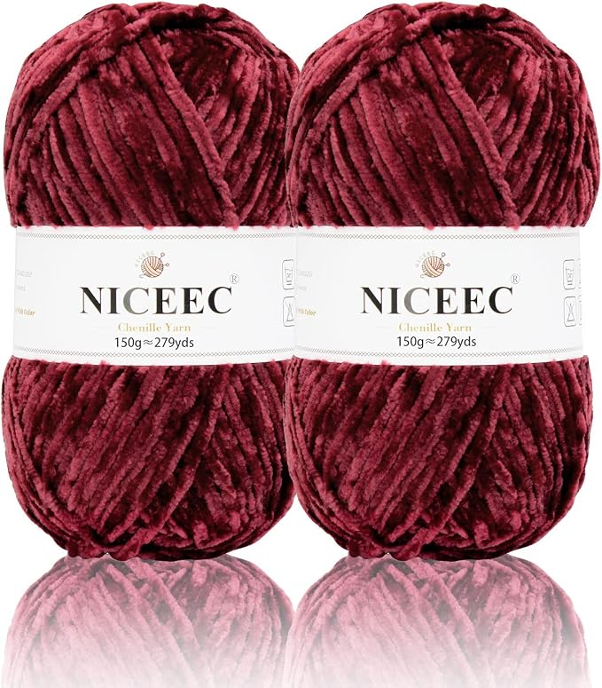 NICEEC 2 Skeins Soft Chenille Yarn 2 x255m (2X 279yds, 3X 150g)_Sauce Red
