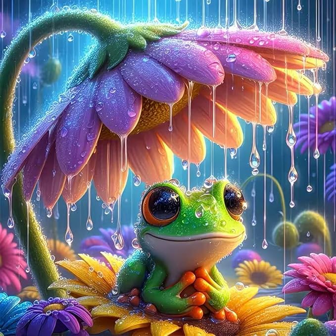 OJTOYART Frog Diamond Art Kits for Adults, 5D Animals Round Full Drill Diamond Painting, DIY Gem Art Craft with Flower Theme, Home Wall Decor, 13.79 x 13.79 Inch