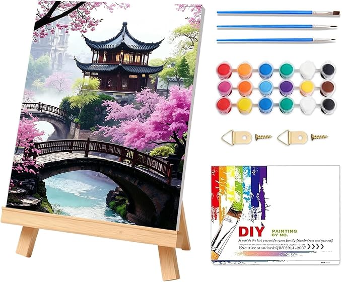 Cherry Blossom Paint by Numbers Kit for Adults with Frame & Easel 12x16in | 32 Colors, Adult Paint by Numbers, Japanese Scenery Canvas Paint by Numbers for Adults, DIY Acrylic Painting Kits on Canvas