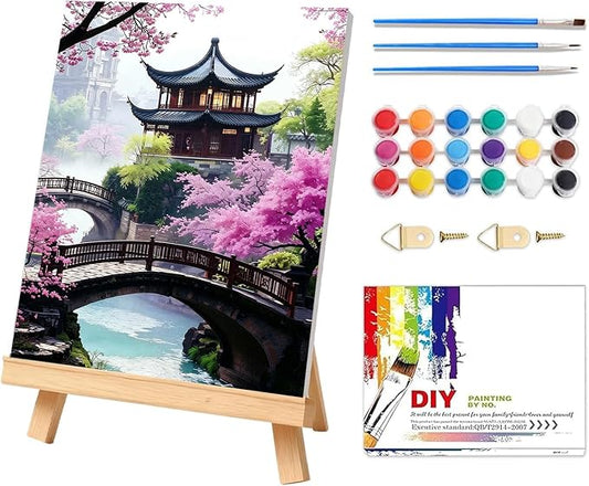 Cherry Blossom Paint by Numbers Kit for Adults with Frame & Easel 12x16in | 32 Colors, Adult Paint by Numbers, Japanese Scenery Canvas Paint by Numbers for Adults, DIY Acrylic Painting Kits on Canvas