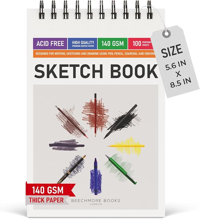 BEECHMORE BOOKS 5.6x8.5 A5 Spiral Sketchbook 140 GSM 100 Perforated Pages | Premium Art Sketch Pad for Drawing & Sketching, Acid-Free Paper, Portable Art Journaling for Artists, Beginners and Adults