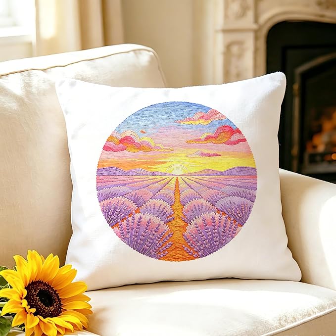 BEUNITONE 4 Set Embroidery Kits for Beginners, Pink Scenery Design with Pre-Stamped Pattern Craft Kits Include Instruction and Hoops, 7.9"x7.9" Needlepoint Kits for Festival Gifts and Home Decor