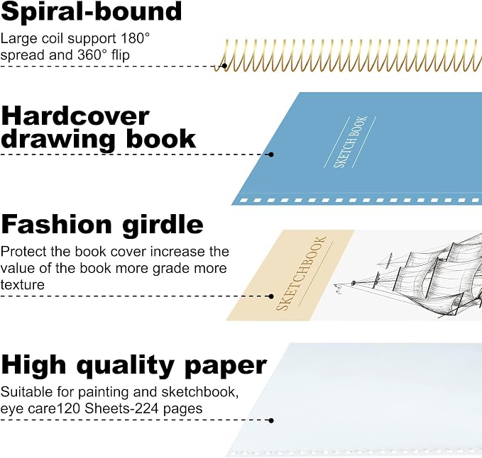 Yoment 9"x12" Hardcover Sketchbook for Drawing，120 Sheets，100GSM | Blue,Spiral Bound Sketch Pad Premium Art Sketchbook Artistic Drawing Paper Pad for Kids Adults Beginners Artists