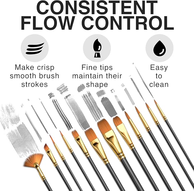 Professional Artist Paint Brush Set of 12 - Painting Brushes Kit for Kids, Adults Fabulous for Canvas, Watercolor & Fabric - for Beginners and Professionals - Great for Water, Oil or Acrylic Painting