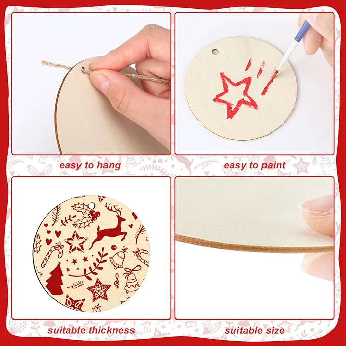 Jetec 120 Pcs Wooden Circles with Holes Unfinished Round Discs for DIY Craft Painting, Engraving, Christmas Ornaments, Gift Tags, Wedding Decorations