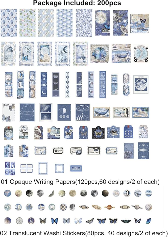 Esweny 200PCS Vintage Scrapbooking Supplies Pack, Aesthetic Scrapbook Sticker Paper Art Journaling Kit for Junk Journals,Planner,Cottagecore Decor Gifts (Blue Series)