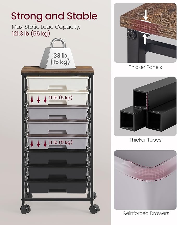VASAGLE Rolling Cart with Drawers, Craft Organizers and Storage, Black