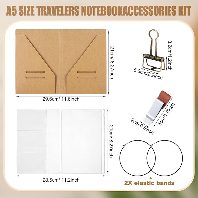 Mooliwe 1 Pack Travelers Journal Notebook Accessories Kit, A5 Size | Kraft File Folder, Zipper Case, Pen Holder, Binder Clip and Elastic Bands, Refillable Insert Organizer for Travel Journals