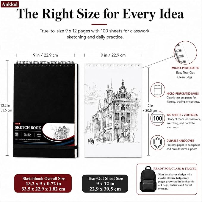Ankkol Sketch Book 9x12, Top Spiral Bound Sketchbook,100 Sheets_68lb/100gsm | Art Sketch Pad for Kids, Adults, Beginners, Artists, Acid-Free Sketch Paper, Thick Drawing Paper, Hardcover, Perforated Pages