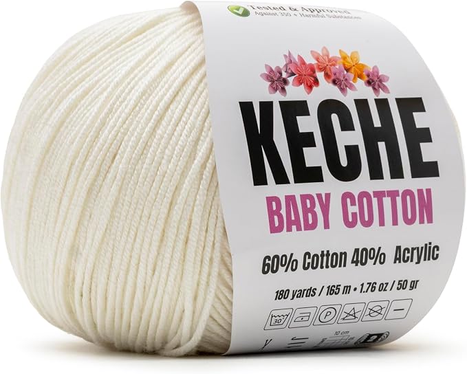Keche Baby Cotton, 60% Cotton 40% Acrylic Yarn, Soft Cotton Yarn for Crochet and Knitting, Amigurumi Yarn 1 Skein/Ball 1.76 Oz (50g) / 180 Yrds (165m) - Off White