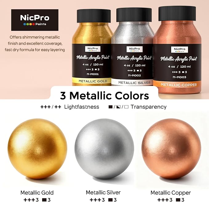 Nicpro Acrylic Paint Set Metallic,12oz/360ml Gold Leaf Paint