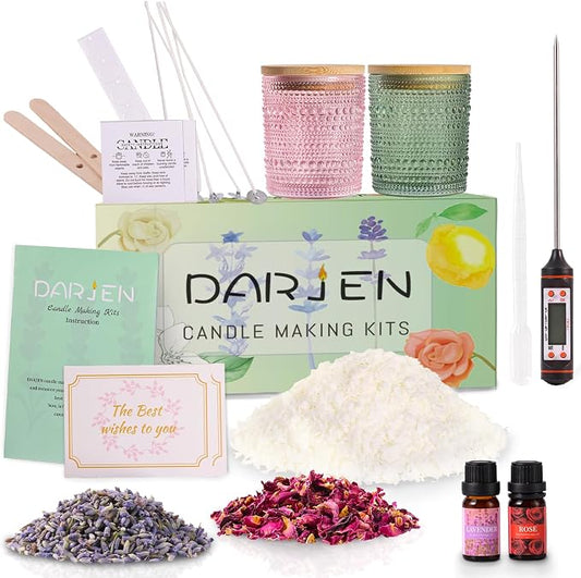 DARJEN Candle Making Kit for Beginners, 2 Jars Soy Wax Scented DIY Set | 100% Soy Wax, 10oz Glass Jars, Natural Cotton Wicks, Pleasant Scents, Instruction& More- Perfect as Home Decorations