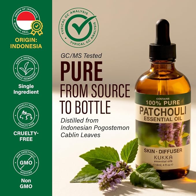 Kukka 100% Pure Patchouli Essential Oil for Skin, Diffuser, 4 Fl Oz | Concentrated Patchouli for Diffuser, Aromatherapy, Perfume and Body - GC/MS Tested, Steam Distilled, Glass Dropper
