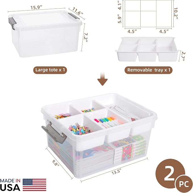 Citylife 17QT 2Packs Clear Craft Organizers and Storage Box with Tray | Stackable Art Supply Organizer Storage Bins with Lids for Beads, Markers, Sewing, Tools, Playdoh, Coloring Books, Made in USA