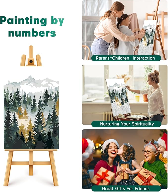 Framed Paint by Numbers Kit for Adults Beginner & Kids Age 8-12, Easy Landscape Adult Paint by Number Kits on Canvas, DIY Acrylic Forest Number Painting for Adults Mountain for Home Decor 8x12 Inch