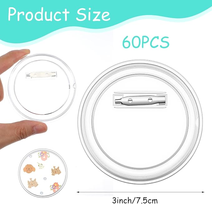 60 Pcs Clear Button Pins for DIY Crafts, 3 Inch Button Maker Supplies Bulk Acrylic Pin Maker Kit for Photo Badge Making, Blank Buttons for Custom Projects