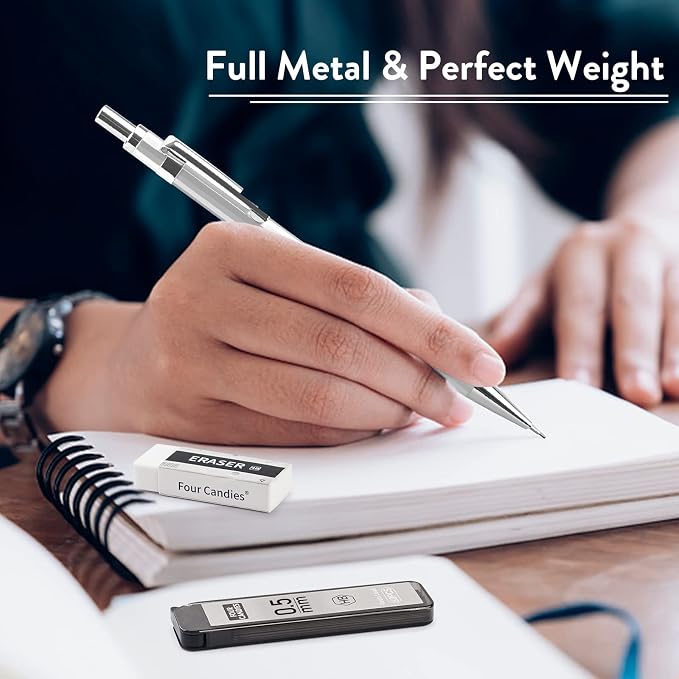 Mechanical Pencil Set, 0.5mm 4-Pack with Case, Metal Body, Fine Point
