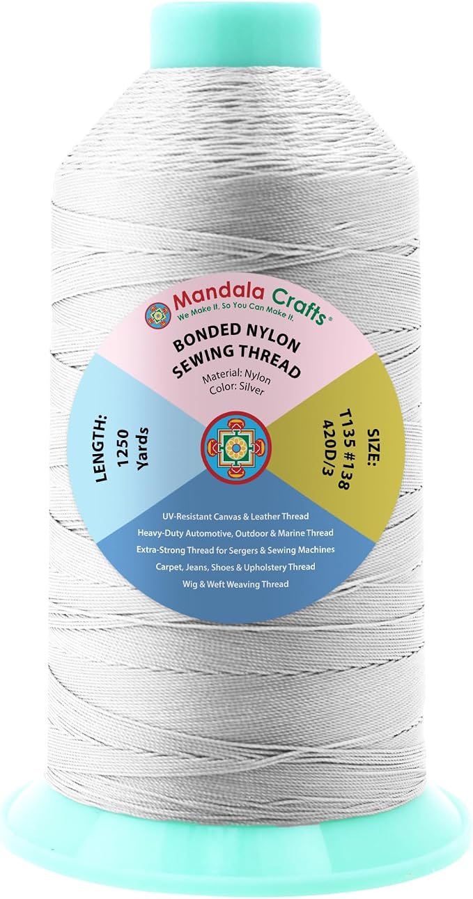 Mandala Crafts Size 138 420D T135 Silver Bonded Nylon Thread, 1250 YDs