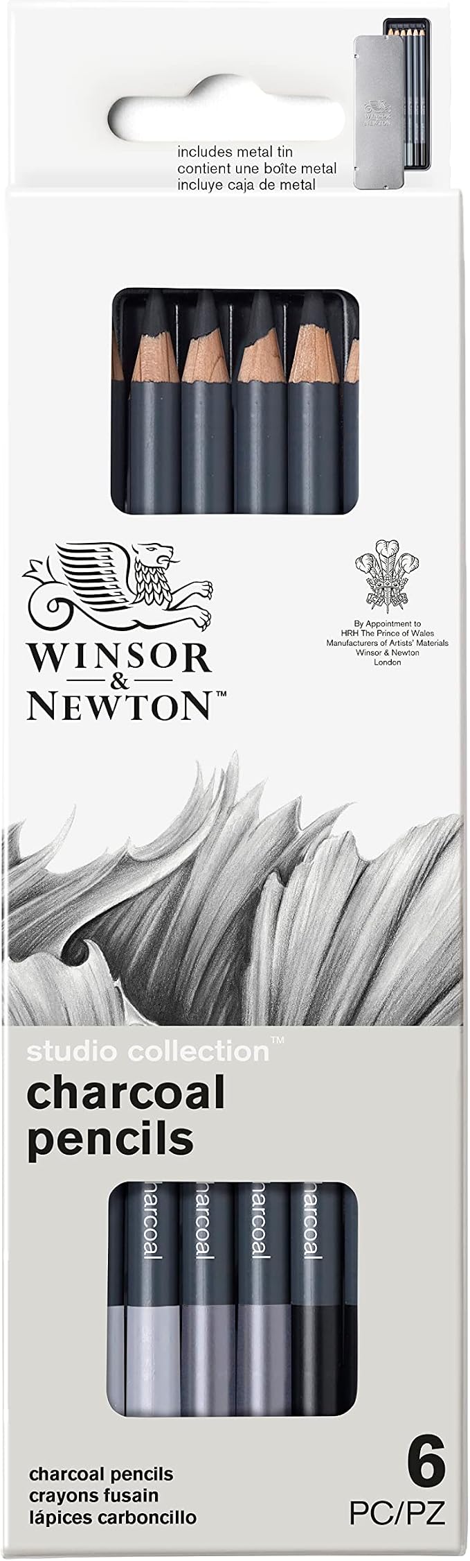 Winsor & Newton Studio Collection, 6 Count, Charcoal Pencils | Mixed Grade Charcoal Pencils, Wooden Barrels, On-The-Go Tin, High Quality Core Binder, Break-Resistant Cores & Points