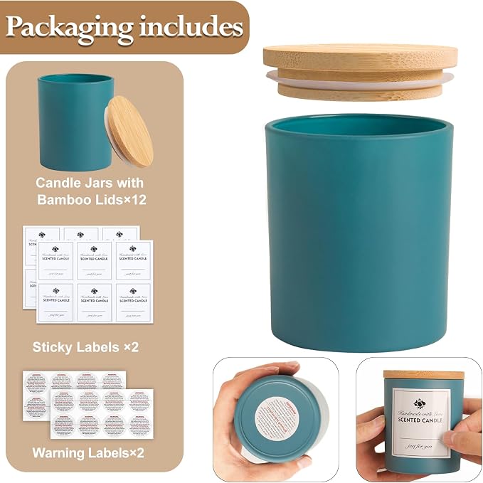 CONNOO 12 Pack 10 OZ Navy Blue Glass Candle Jars | Airtight Bamboo Lids, Sticky Warning Labels, Empty Container Bulk, Dishwasher Safe