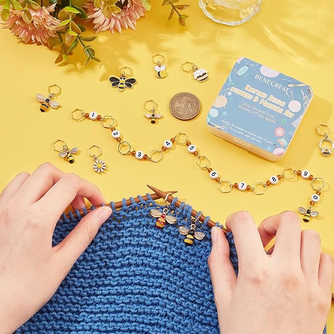 BENECREAT 11Pcs Bee Stitch Marker Charms, Honey Pot Daisy Enamel Charm Locking Stitch Markers, Acrylic Number Knitting Row Counter Chains with Hexagon Ring for Knitting Weaving Sewing Accessories