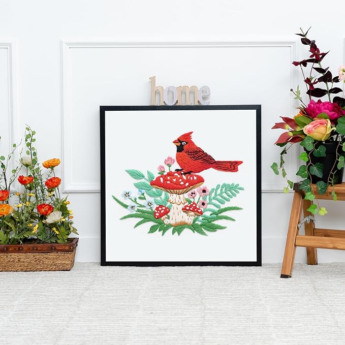 Louise Maelys Cardinal Mushroom Embroidery Kit for Beginners DIY Craft | DIY Needlepoint Kit with Pre-Printed Fabric, Hoop, Threads, Needles and Guide. Cross Stitch Kit for Adults with Nature Design