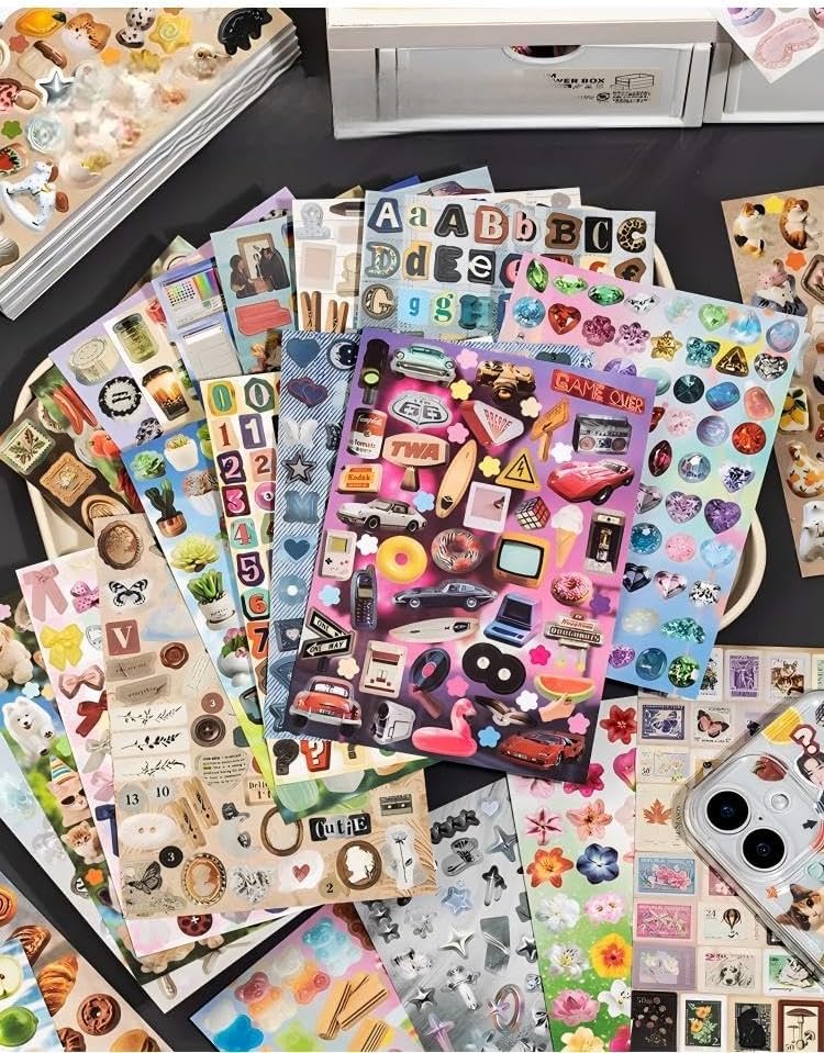Japanese Retro Sticker Book, 800 Cartoon Stickers Book with Art Coated Paper Creative Activity Stickers for Adults, DIY Scrapbooking Phone Cases Laptops Party Gifts (Poem Drops)