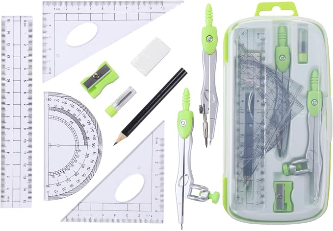 Unjoo Math Geometry Set 10 Pcs, Compass and Protractor for Students(Green) | Shatterproof Storage Box,Rulers,Protractor,Compass,Eraser,Pencil Sharpener,Lead Refills,Pencil,for Classroom, Back to School