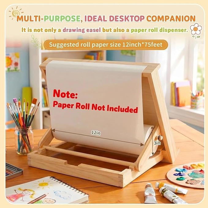 Tabletop Easels for Kids Painting with Paper Roll Dispenser | (Paper Roll Not Included), 3 Angles Adjustable Art Drawing Board, Wood 13.8" x 11.4" Portable Fodable Easel with Gift Box