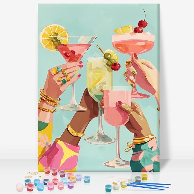 Framed Paint by Numbers Kit for Adults, Cocktail Cheers, 8 x 12 Inch | DIY Adult Paint by Number Kit for Beginners, Bar Wall Decor, Stress Relief Craft Gift, Creative Hobby