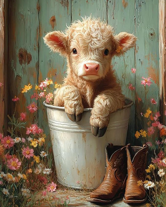 MBNTJHT DIY Cute Cow Paint by Numbers Kit for Adults Beginners,Simple Highland Cow Paint by Number Kits on Canvas,Flowers Digital Oil Painting Kits for Home Wall Decor 16X20 Inch.
