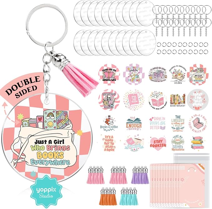 YOPPIX 140 PCS Acrylic Keychain Blank Set, Book Double-Sided UV DTF Stickers Acrylic Keychain Making Kits for Vinyl DIY Craft Project