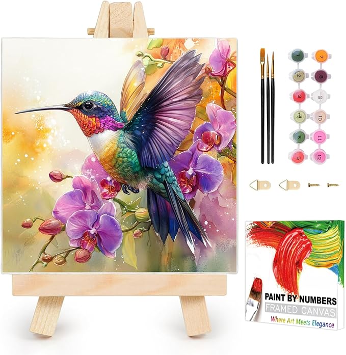 AUKELHJ Framed Paint by Numbers Kit for Adults, Hummingbird, 10x10 inch