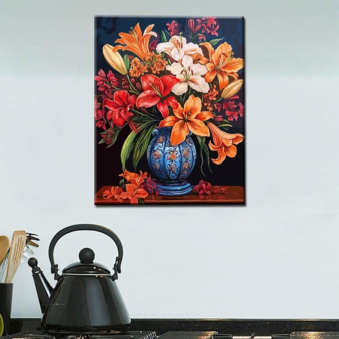 Lily Flowers DIY Paint by Numbers for Adults Colorful Blooming Flowers in Vase DIY Oil Painting Acrylic Paint Art Painting Kits Canvas with Acrylic Paint Floral Art 16x20 Inch （without Frame ）