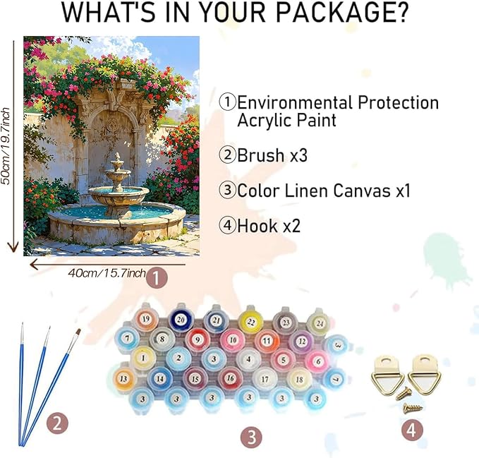 MBNTJHT Landscape Paint by Numbers Kit for Adults Beginner,DIY Fountain and Flowers Paint by Number Kits on Canvas,Unframed Watercolor Art Painting Kit Crafts for Home Wall Decor 16X20 Inch.