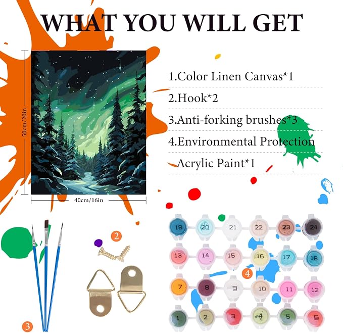 Paint by Numbers Kit for Adults Beginner, Aurora Adult Paint by Number Kits on Canvas Without Frame, Forest Oil Painting by Numbers for Home Decor Gift 16” W x 20”L
