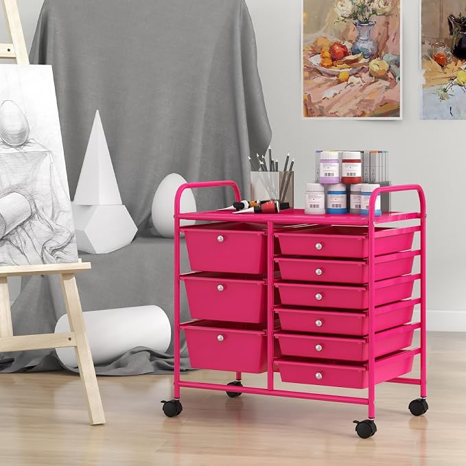 Giantex 9 Drawers Rolling Cart, Classroom Organizers, Storage Cart with Wheels, for Teacher Office Home School Supplies Tool Craft Art Paper, Hot Pink