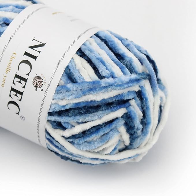 NICEEC 3 Skeins Soft Chenille Yarn 3 x85m (3X 93yds, 3X 50g)_Blue White